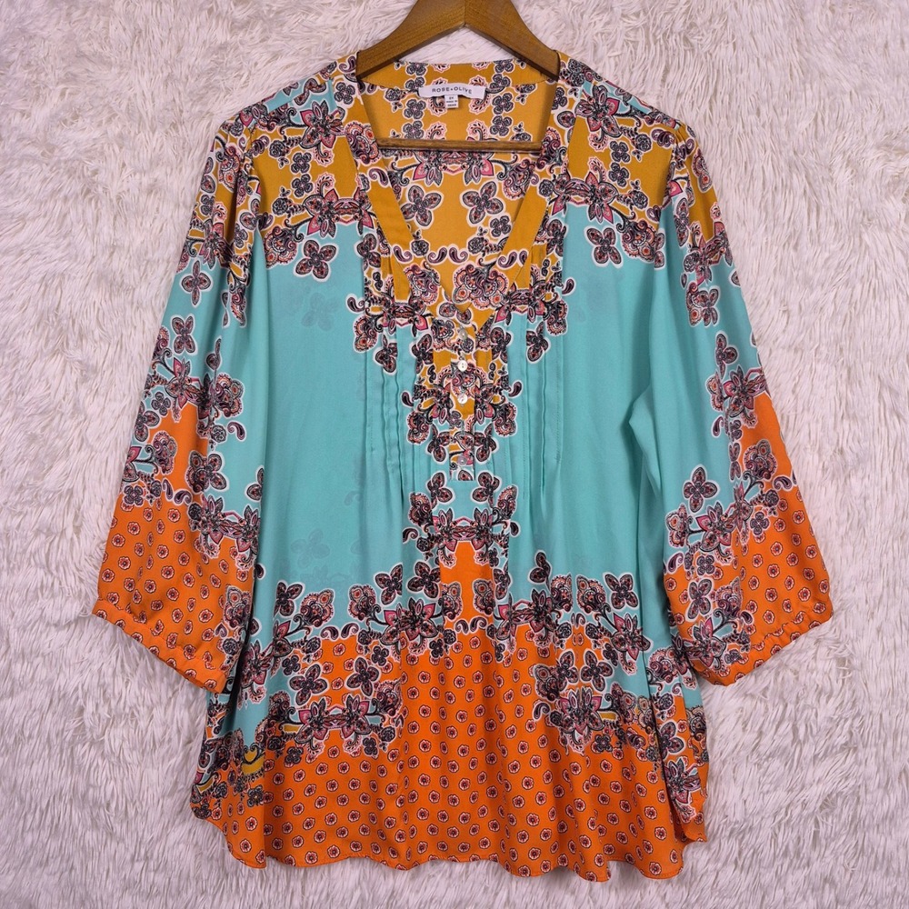 Rose + Olive Womens 2X Floral Paisley Pintuck Blouse Teal Orange 3/4 Sleeve Top